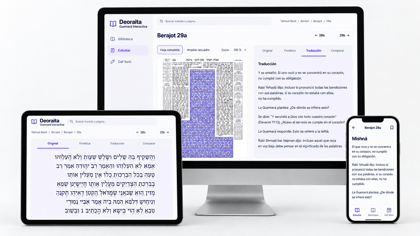 Representación de Deoraita, Guemará Interactiva, abierta en una computadora, una tablet y un móvil